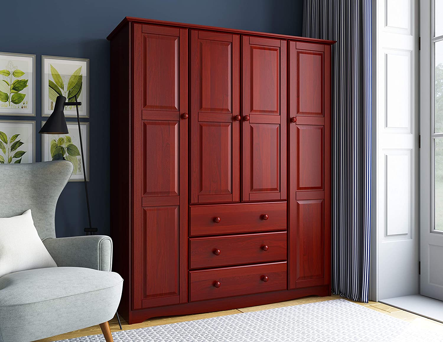 【Furniture】100% Solid Wood Family Wardrobe/Armoire/Closet, 60"x72"x21", 3 Clothing Rods Included