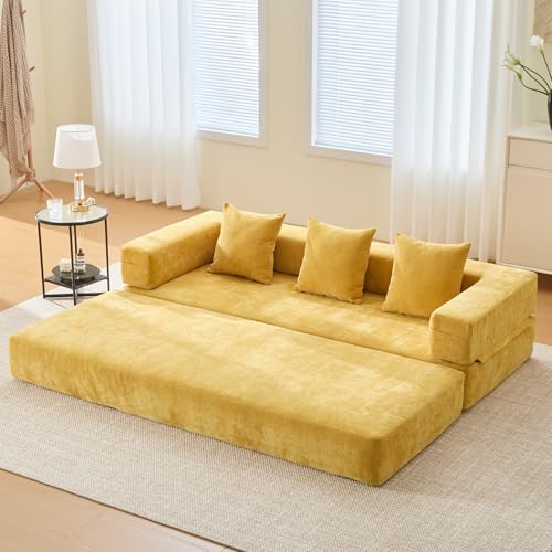 Convertible Sleeper Sofa Bed with Cylindrical Pillow, Corduroy Folding Mattress Couch with Fixed-Shape Frame