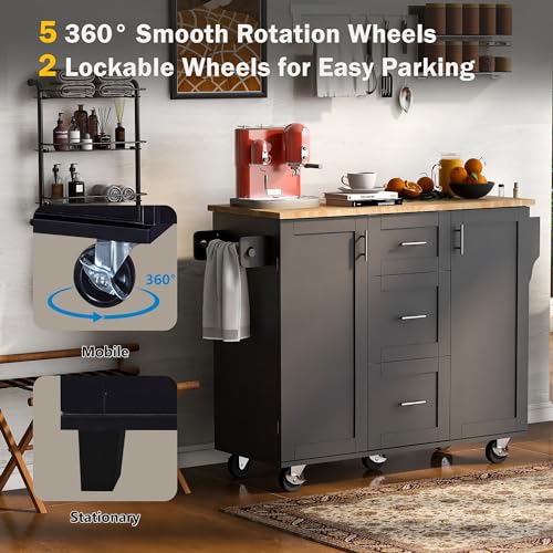 53.5''Farmhouse Kitchen Island with Power Outlet, Kitchen Storage Island with Drop Leaf, Spice Rack and Drawer, Rolling Kitchen Cart on Wheels