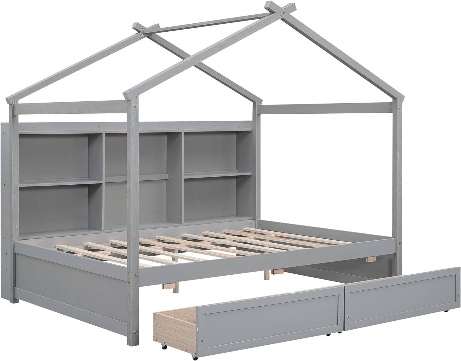 House Bed with Storage, Full Size House Bed with Storage Shelves and 2 Drawers, Wood Bed Frame with Roof for Kids, Teens, Boys or Girls