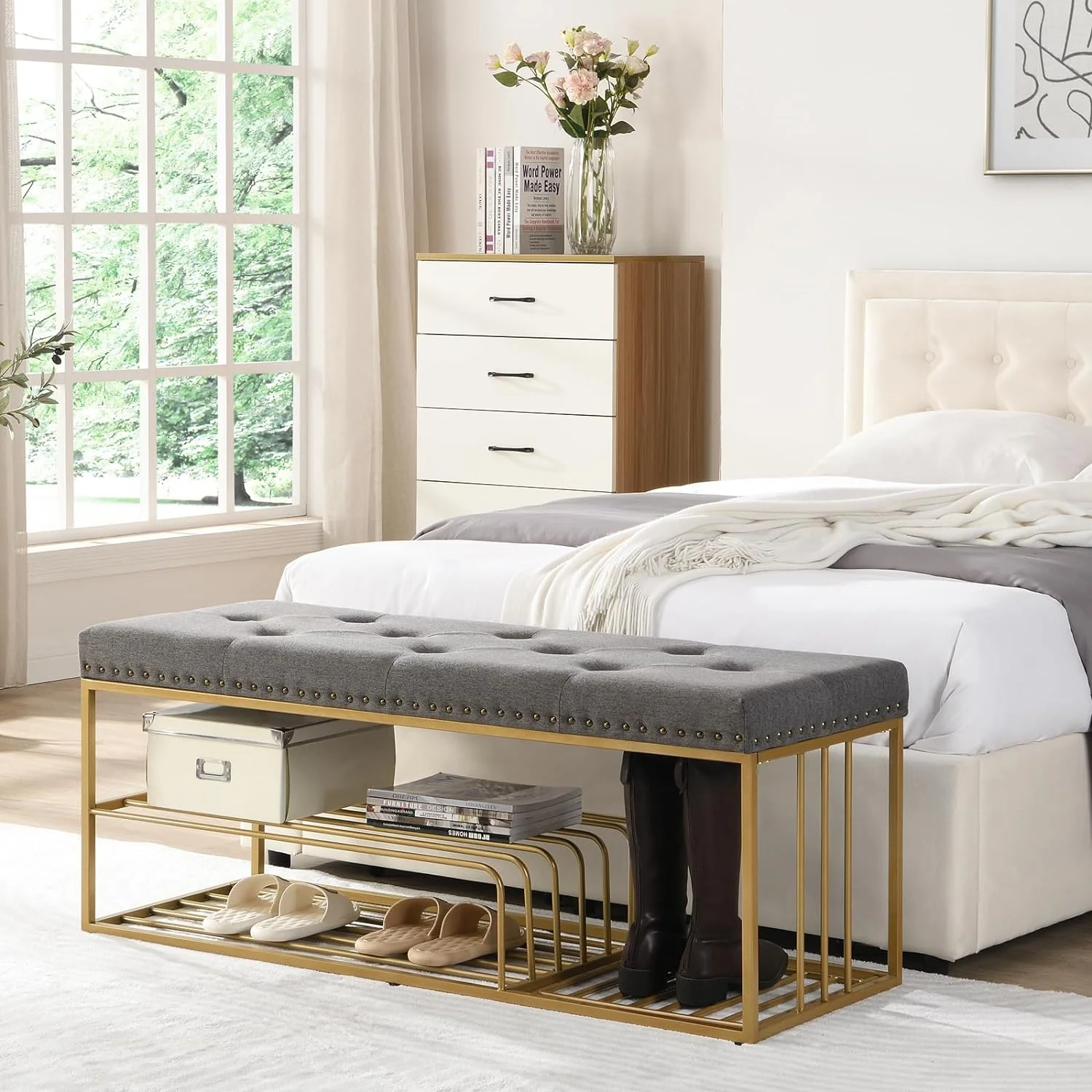 YGDU End of Bed Bench-Upholstered Entry Shoe Storage with Nailhead Trim,Black Mental Frame Ottoman Bench for Bedroom Entry Window Mudroom Living Room