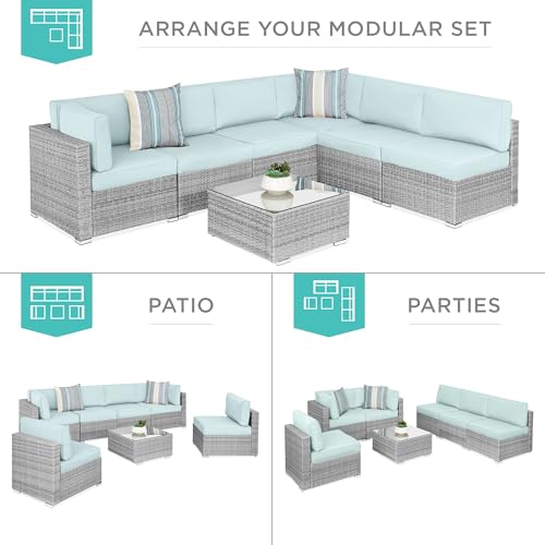Best Choice Products 7-Piece Modular Outdoor Sectional Wicker Patio Conversation Set w/ 2 Pillows, Coffee Table, Cover Included - Gray/Navy