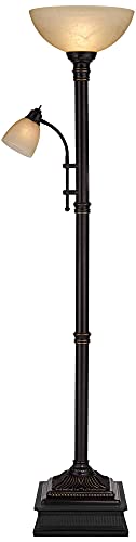 Regency Hill Garver Industrial Style Torchiere Floor Lamp with Reading Light Riser 76.75" Tall Oil Rubbed Bronze Brown Metal Amber Glass Shade Decor