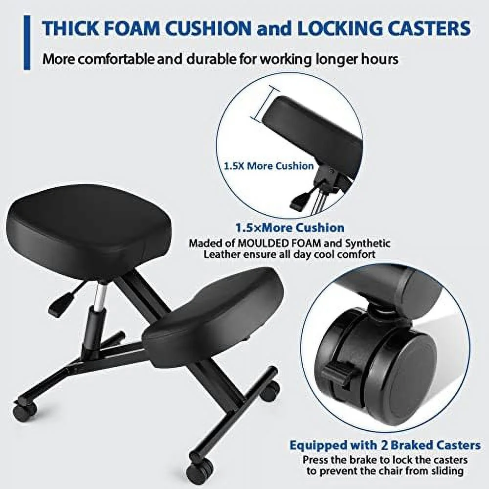 Ergonomic Office Kneeling Chair  Height Adjustable Stool with Thick Foam Cushions and Smooth Gliding Casters to Improve Posture and Relieve Pain