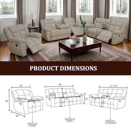 Manual Reclining Sofa Set for Living Room, Corduroy Recliner Couch Set, 3 Pieces Recliner Sofa Set for Living Room/Apartment/Office (Khaki