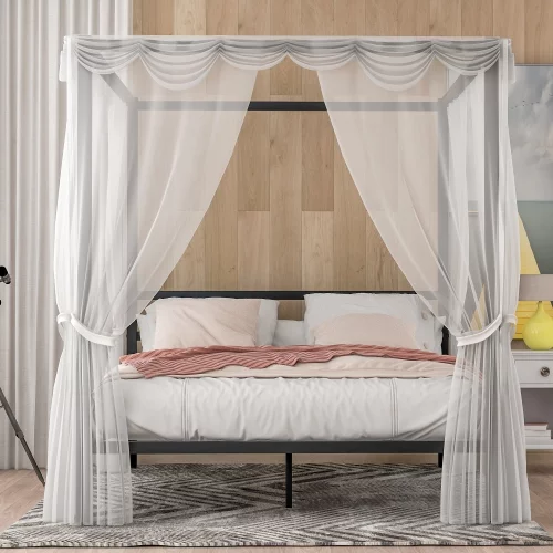 Queen Canopy Bed Frame Metal Four Posters 14 inch Platform with Built-in Headboard Strong Metal Slat Mattress Support,No Box Spring Needed, Black