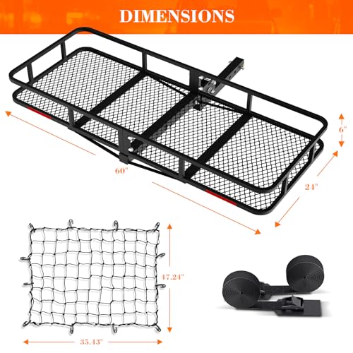 Hitch Cargo Carrier Basket Combo 60" x 24" x 6" 500 LBS Capacity Vehicle Baskets Fits 2" Receiver with 18.2 Cubic feet Cargo Bag, Hitch Stabilizer