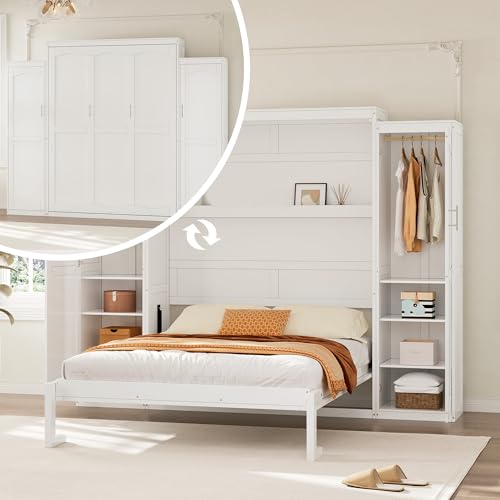 Polib Full Size Murphy Bed with Two Wardrobes and Storage Shelf, Space-Saving Wall Cabinet Bed with Foldable Platform Bedframe for Small Bedrooms