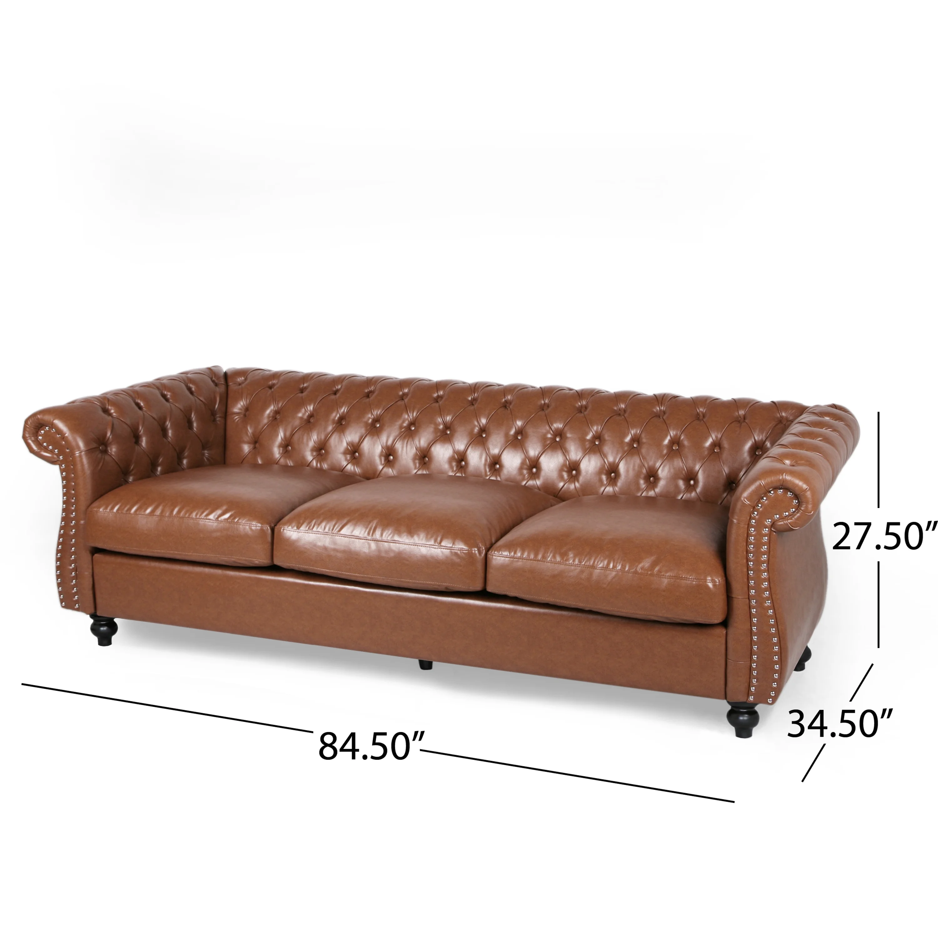 GDF Studio Kyle Chesterfield Tufted 3 Seater Sofa with Scroll Arms, Cognac Brown Faux Leather and Dark Brown
