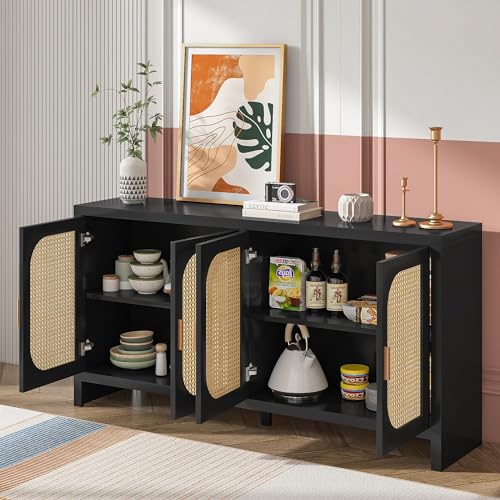 Sideboard Buffet Cabinet with 4 Rattan Doors,Accent Cabinet with Storage,Wood Modern Coffee Bar Cabinet Console Table,with Adjustable Shelves