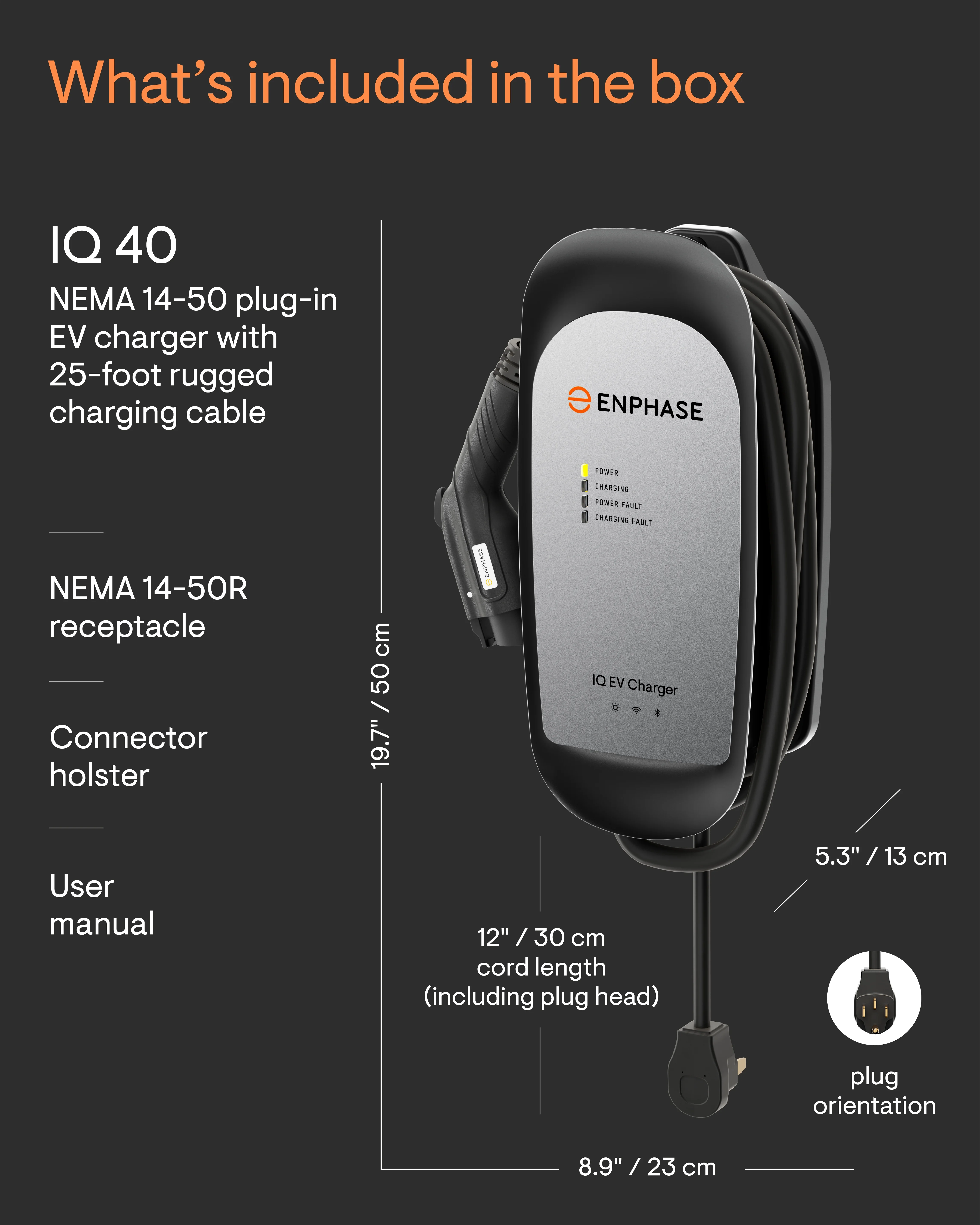 Enphase Smart Level 2 EV Charger with Wi-Fi, Safety Certified, 32 Amp, 240v, NEMA 14-50 Plug, Ruggedized 25ft Cable & J1772 Connector
