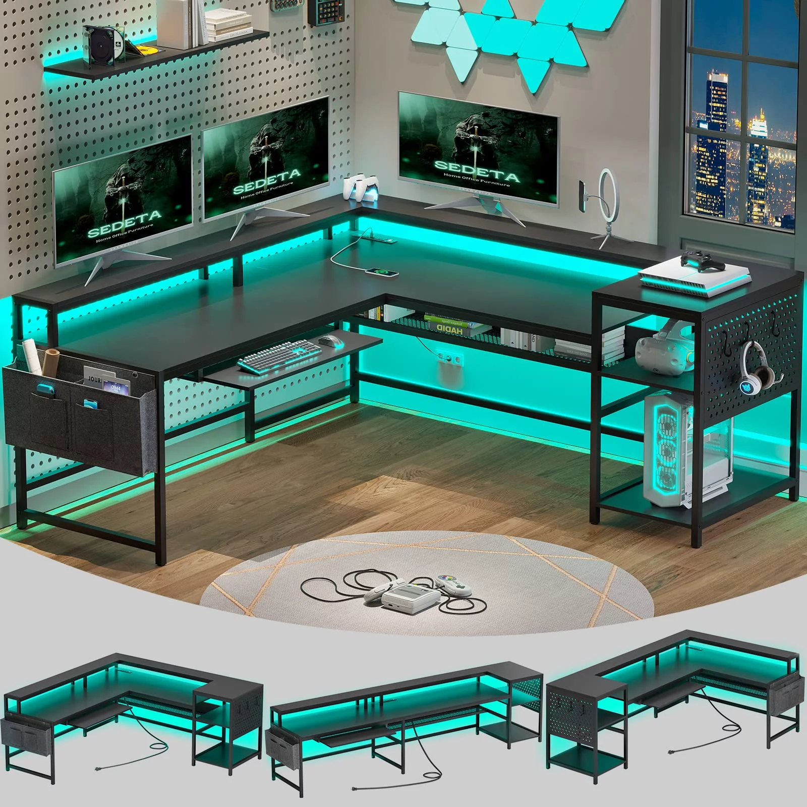 SEDETA L Shaped Gaming Desk, Reversible Computer Desk, Gaming Desk with Power Outlets and LED Strip, Keyboard Tray, Pegboard and Storage Shelves