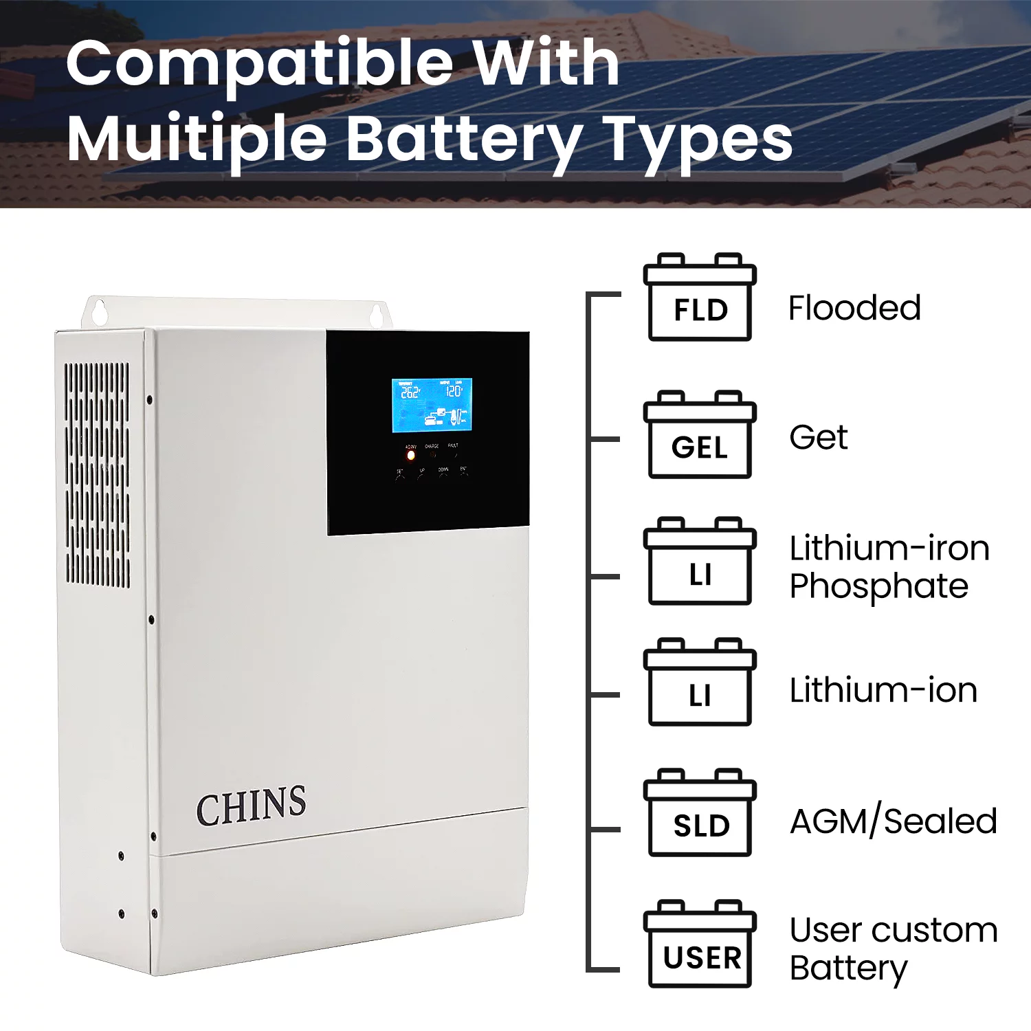 CHINS 24V 3000Watt All-in-One Solar Charger Inverter Suitable for 24V Lead-Acid/Lithium Battery