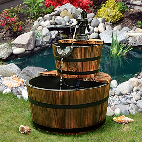 Giantex 2-Tier Barrel Waterfall Fountain Outdoor, Rustic Wood Barrel Cascading Water Fountain with Electric Pump