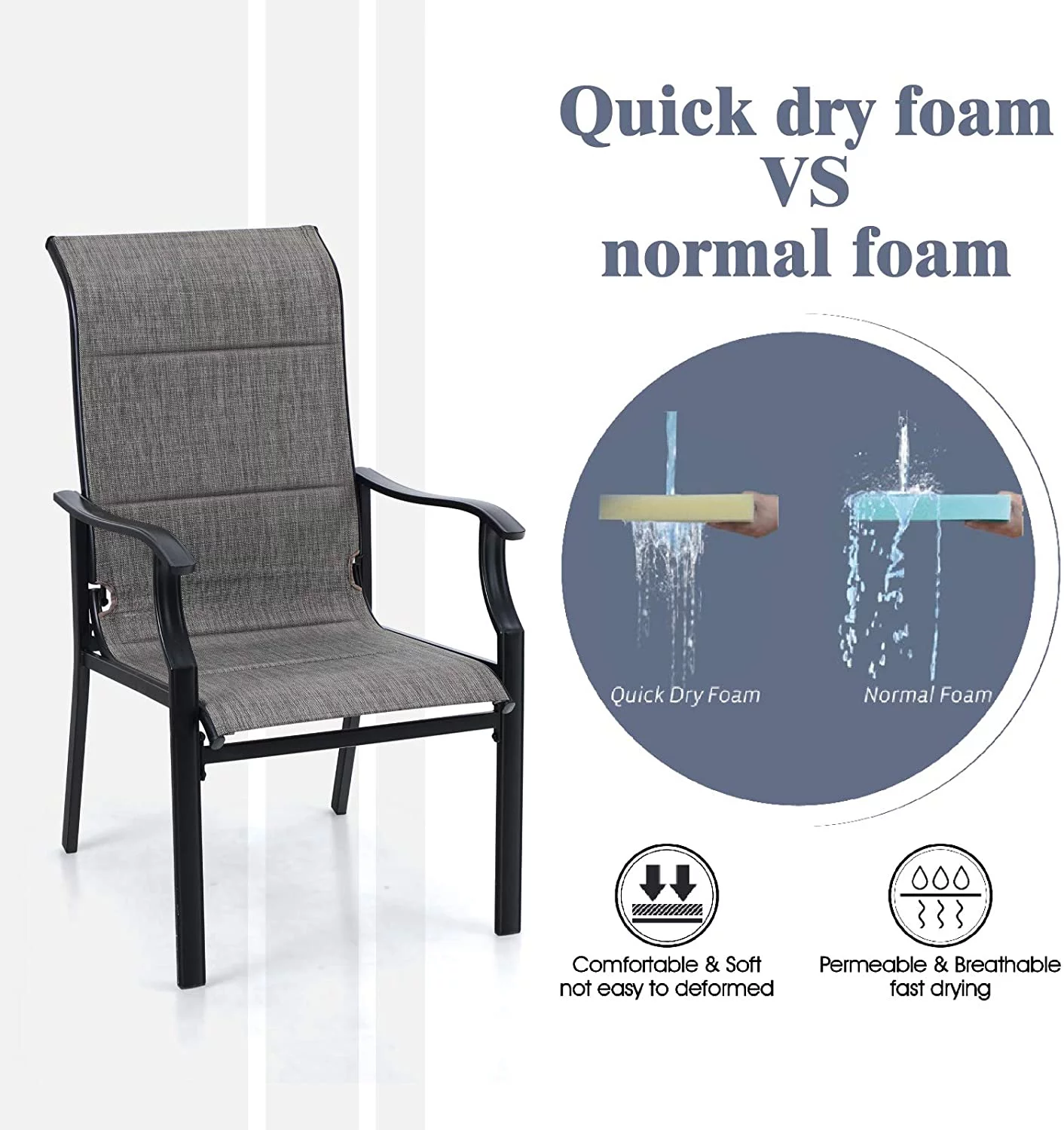 MF Studio 7 Pieces Outdoor Patio Dining Set with 6 Padded Textilene Chairs & Rectangular Steel Frame Table, Black & Gray