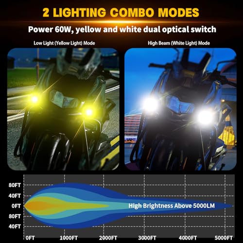 Kewig Motorcycle Auxiliary LED Light Kit Driving Spotlights White/Amber Fog Light with Mount Brackets Wire Harness Waterproof 60W Offroad Work Lights