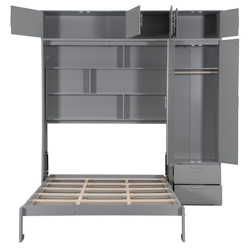 Merax Queen Size Murphy Bed with Top Cabinet, Shelves and Wardrobe, Fold into The Wall, Multifunctional Foldable Platform Bed Frame for Bedroom