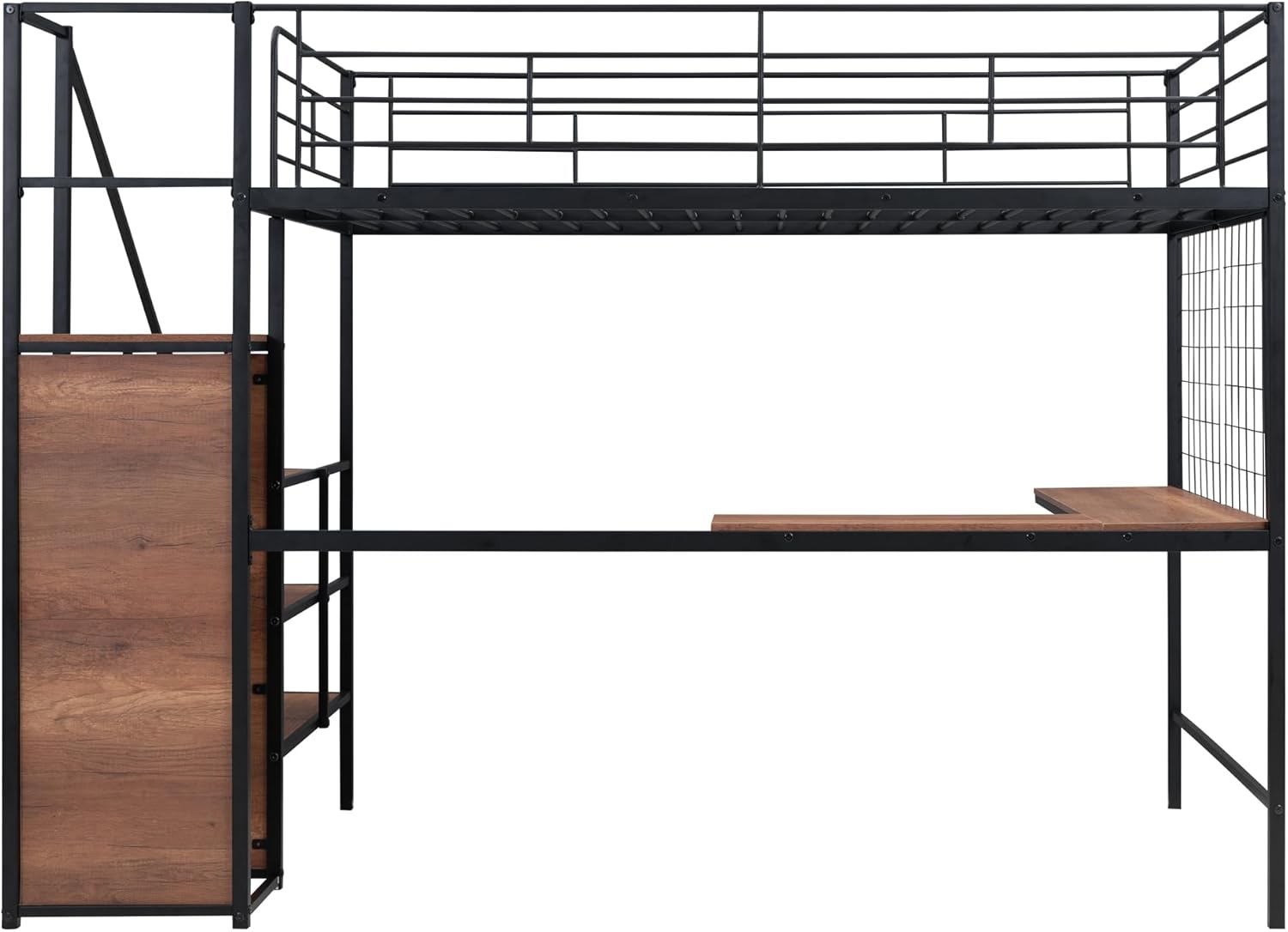 Harper & Bright Designs Metal Full Size Loft Bed with Desk and and Metal Grid, Loft Bed Full with Storage Stairs and Wardrobe