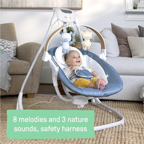 Ingenuity SimpleComfort Lightweight Compact 6-Speed Multi-Direction Baby Swing, Vibrations & Nature Sounds, 0-9 Months 6-20 lbs (Pink Cassidy)