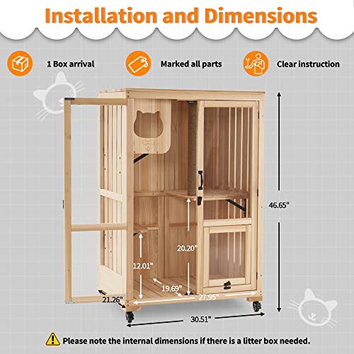 MCombo Luxury Cat House with Scratching Post, Wooden Multi Feature Large Cat Condo with Escape Door and Wheels