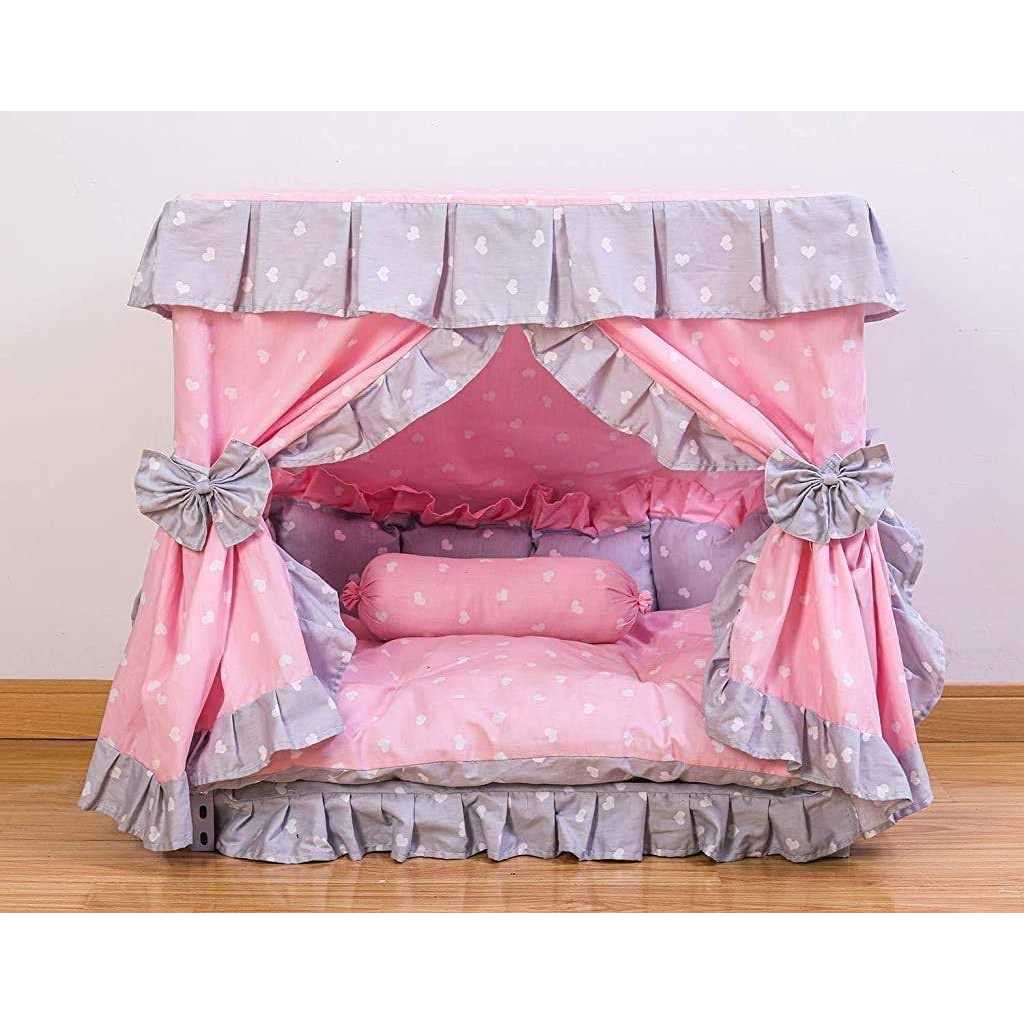 Kolachic Princess Pink grey White Heart Pet Dog Handmade Bed House+1 candy Pillow - Pet Supplies online store