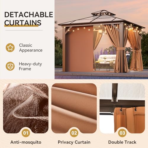 Aoxun 12'x16' Hardtop Gazebo, Aluminum Frame Permanent Pavilion with Netting and Curtains, Outdoor Polycarbonate Double Roof Canopy