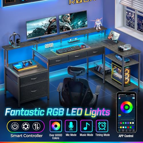 Seventable L Shaped Desk with File Drawers, 64" Home Office Desk with Power Outlet & LED Lights, Reversible Gaming Desk with Printer Storage Shelves