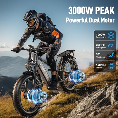 Dual Motor Electric Bike Peak 3000W, 52V 20AH Battery E Bike for Adults 26 Inch Fat Tire Mountain Electric Bicycle 38 MPH