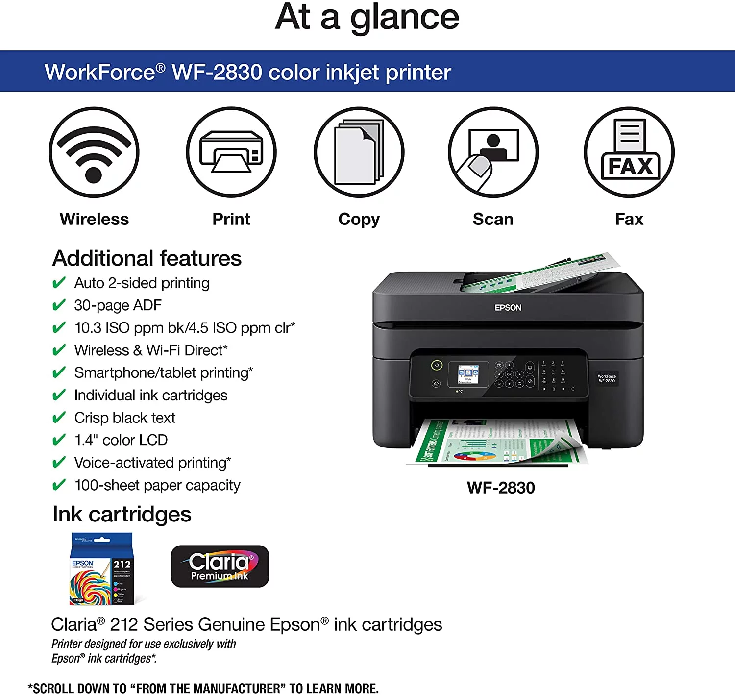 Epson Workforce WF-2830 All-in-One Wireless Color Printer with Scanner, Copier and Fax