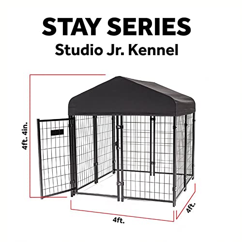 Stay Series 4 by 4 by 4.3 Feet Studio Jr. Black Powder Coat Steel Frame Outdoor Dog Kennel with Waterproof Canopy Roof and Gate Door, Khaki