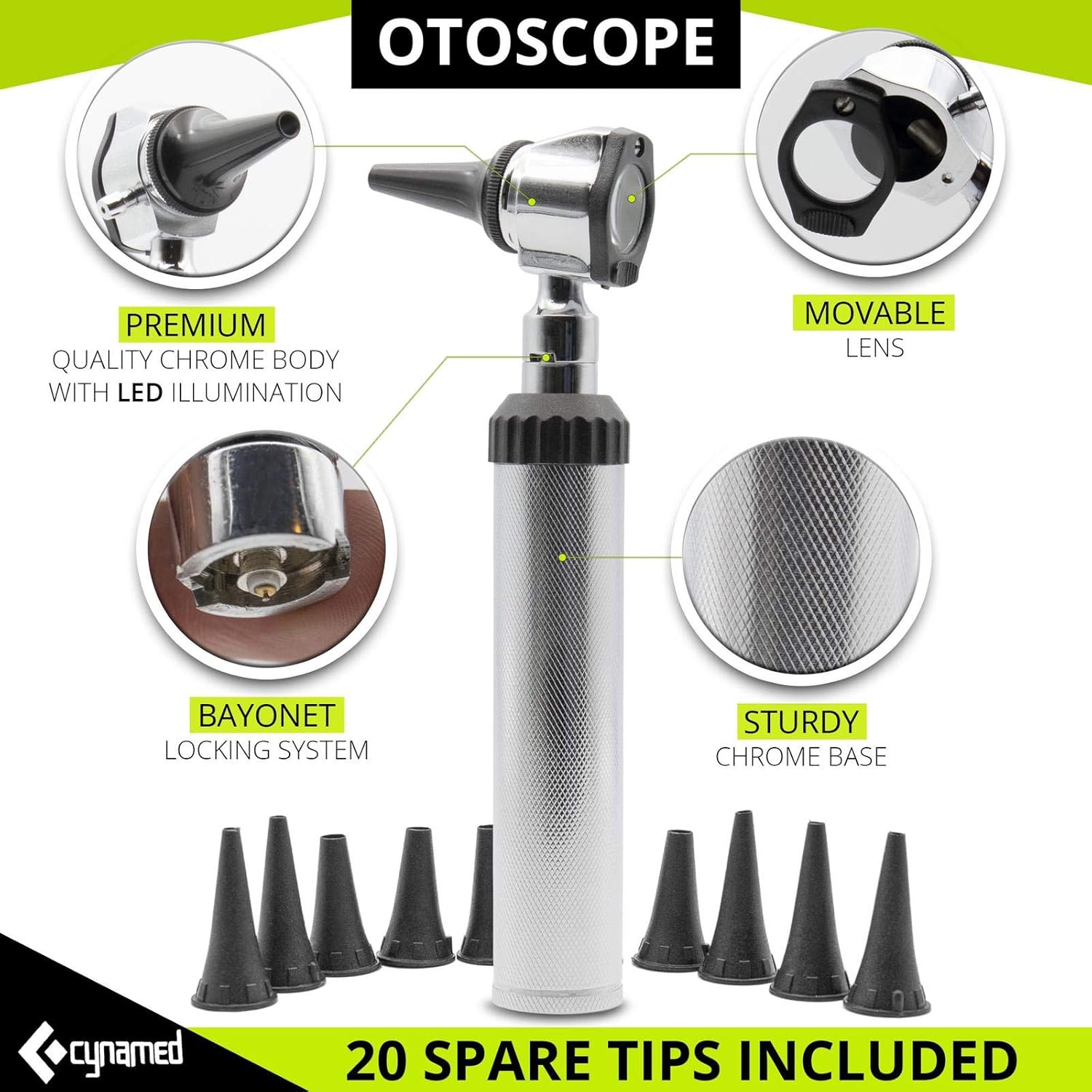 CynaMed ENT Diagnostic Kit - Ear, Nose, Throat Examination Instruments Set - Otoscope, Opthalmoscope, Earwax Remover, Nasal Dilator, Speculum