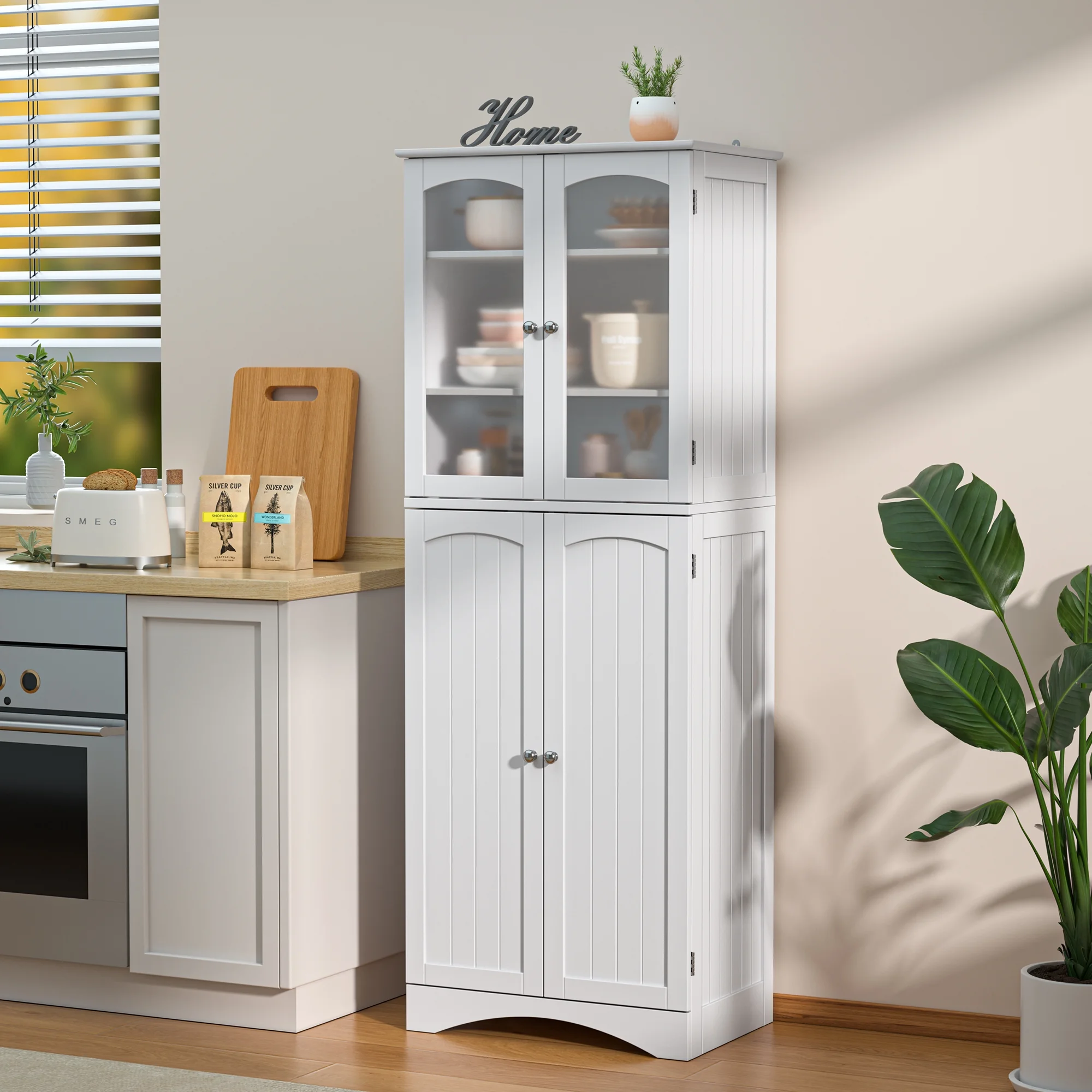 Aiho 64" H Tall Kitchen Pantry Storage Cabinet with Glass Door, White