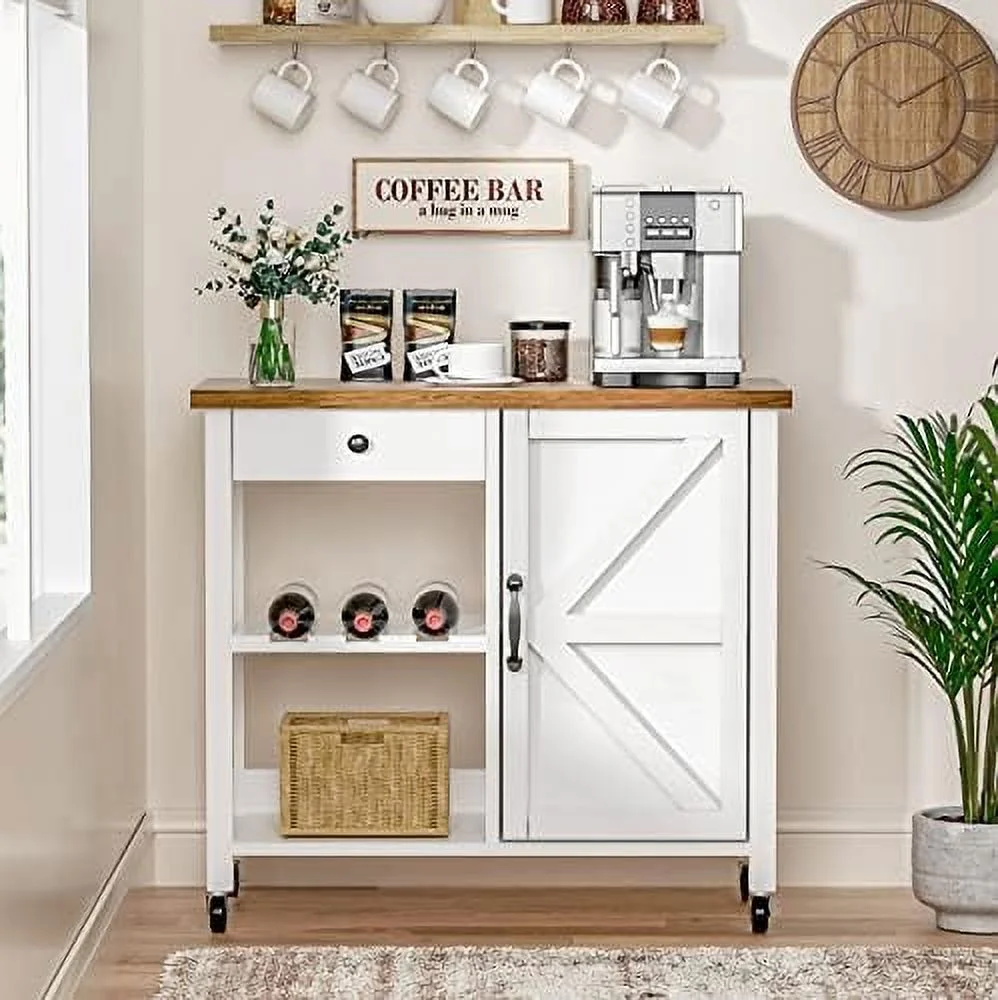 YZboomLife Coffee  with Drawer and Cabinet  Farmhouse Coffee Cart on Wheels with Adjustable Shelves  Corner Coffee  Cabinet for Dining Room  Living