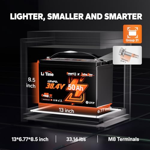 LiTime 36V 50Ah Trolling Motor Bluetooth Low-Temp Protection LiFePO4 Battery Buit in 50A BMS
