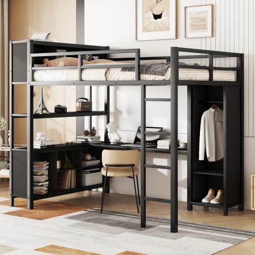 Harper & Bright Designs Full Size Loft Bed with Wardrobe and L-Shaped Desk, Metal Loft Bed with Storage Cubes, Cabinet, Shelves for Kids Teens, White