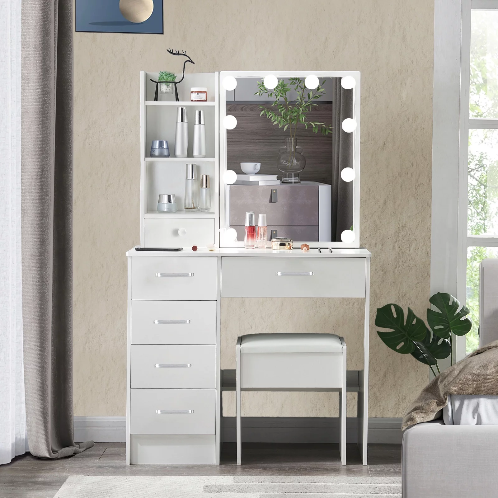 Yamissi Modern Vanity Desk for Bedroom, Makeup Vanity with LED Lighted Sliding Mirror and Stool, Vanity Table with Storage Shelves and Drawers, White