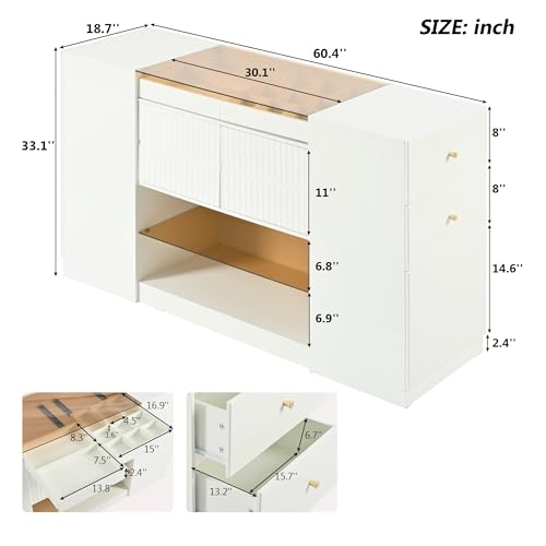 Wardrobe Armoire Bedroom Island with Glass Top, Glass Display Shelf & 6 Drawers, Wooden Closet Storage Cabinet with Open Shelves for Bedroom, Shops