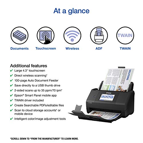 Epson Workforce ES-580W Wireless Color Duplex Desktop Document Scanner for PC and Mac with 100-sheet Auto Document Feeder (ADF) and Intuitive 4.3"