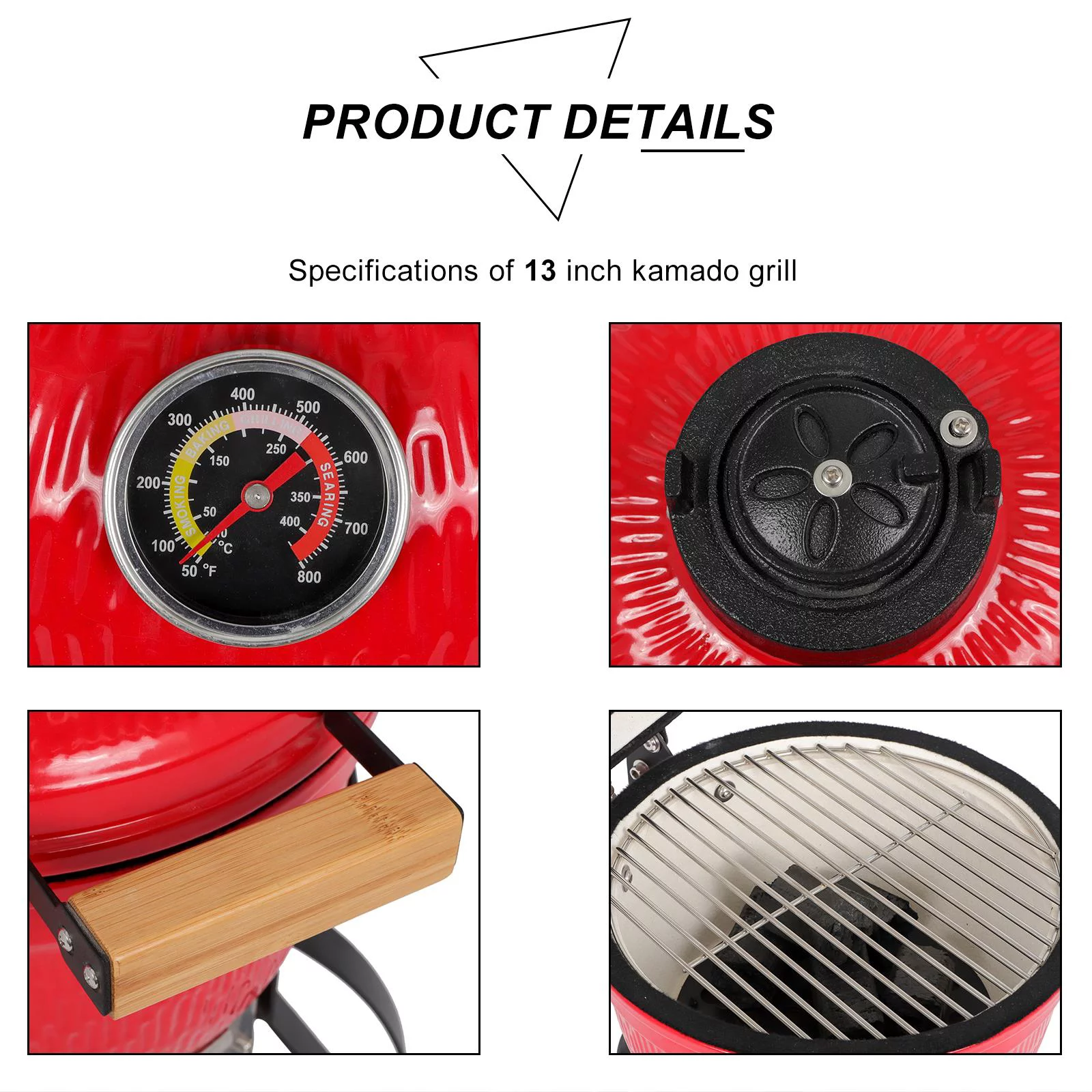 Winado 13in Charcoal Kamado Grill Ceramic Charcoal Grill for Outdoor Barbecue, Camping, BBQ Coal Grill Red