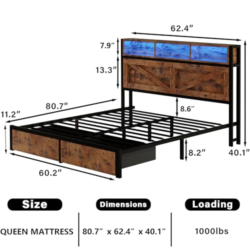 Farmhouse Full Size Bed Frame with Storage Bookcase Headboard and Drawers, RGB LED Lights and Charging Station, No Box Spring Needed, Noise Free