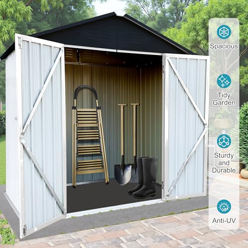 8x6 FT Outdoor Storage Shed, Metal Tool Shed with Lockable Doors, Peaked Roof & Frame Floor