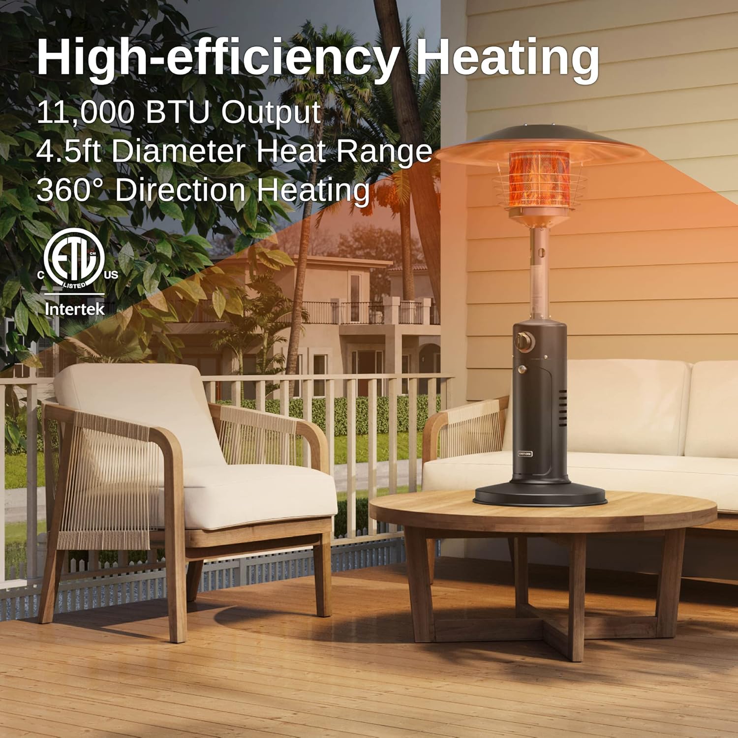 EAST OAK Patio Heater, 11000 BTU Tabletop Outdoor Heater, Mini Portable Propane Heater with 304 Stainless Steel Burner, Triple Protection System