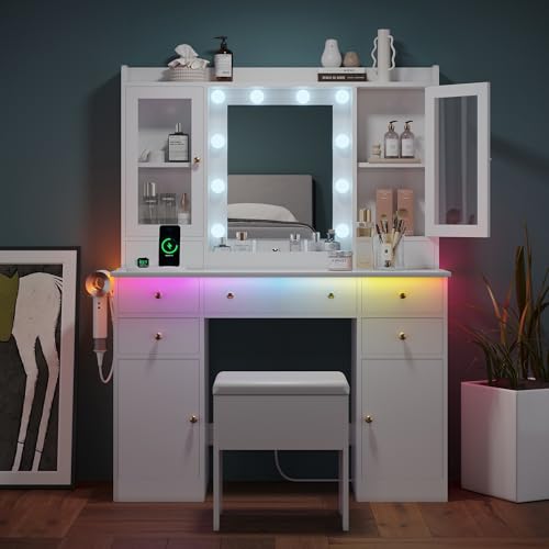 Makeup Vanity Desk with Mirror and Lights, White Vanity Table Set with Storage Drawers, Charging Station, Cabinets & Chair