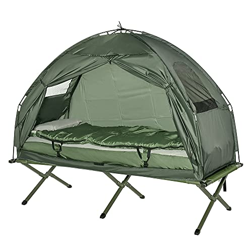 Outsunny Multifunctional Folding Camping Cots for Adults, Elevated Tent with Sleeping Bag, Thick Air Mattress Pad