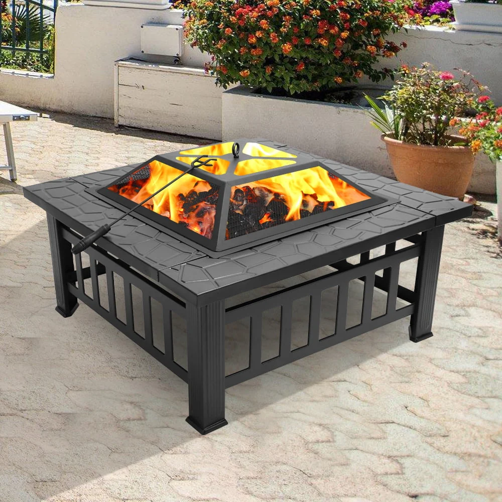 UBesGoo 32 Wood Burning Firepit Garden Square Fire Pit Stove Fire Bowl Patio Firepits Outdoor Black