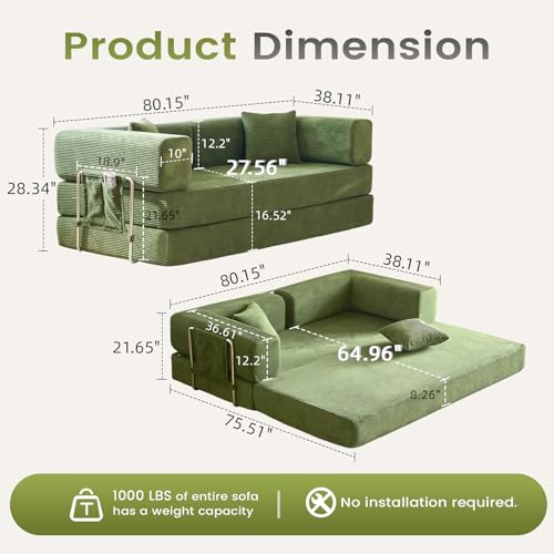 Convertible Sleeper Sofa Bed No Assembly Corduroy Upholstered Green Modular Floor Couch Queen/King Size Foldable Futon with Memory Foam for Apartment