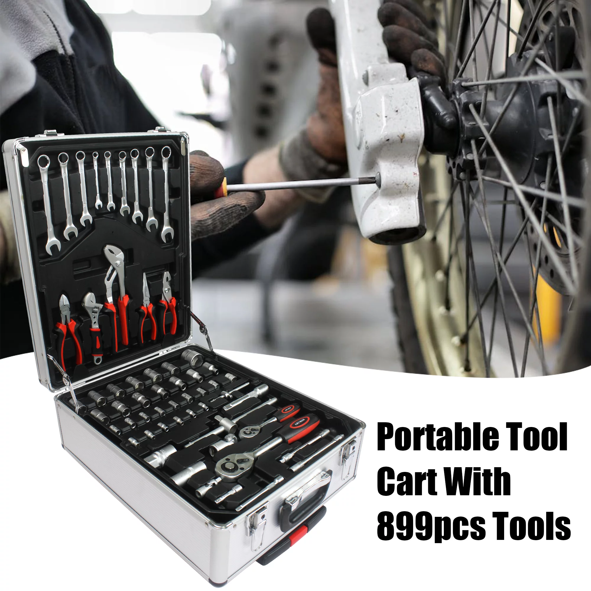 iRerts 899PCS Tool Set, White Hand Tool Box with 4 Layers of Toolset and Wheels, Household Tool Kit with Rolling Tool Box