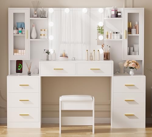 ANWBROAD 59.1" Large Vanity Desk Table with Mirror & Lights White Makeup Vanity with Power Outlet and 8 Drawers 3 Lighting Modes Adjustable Vanity