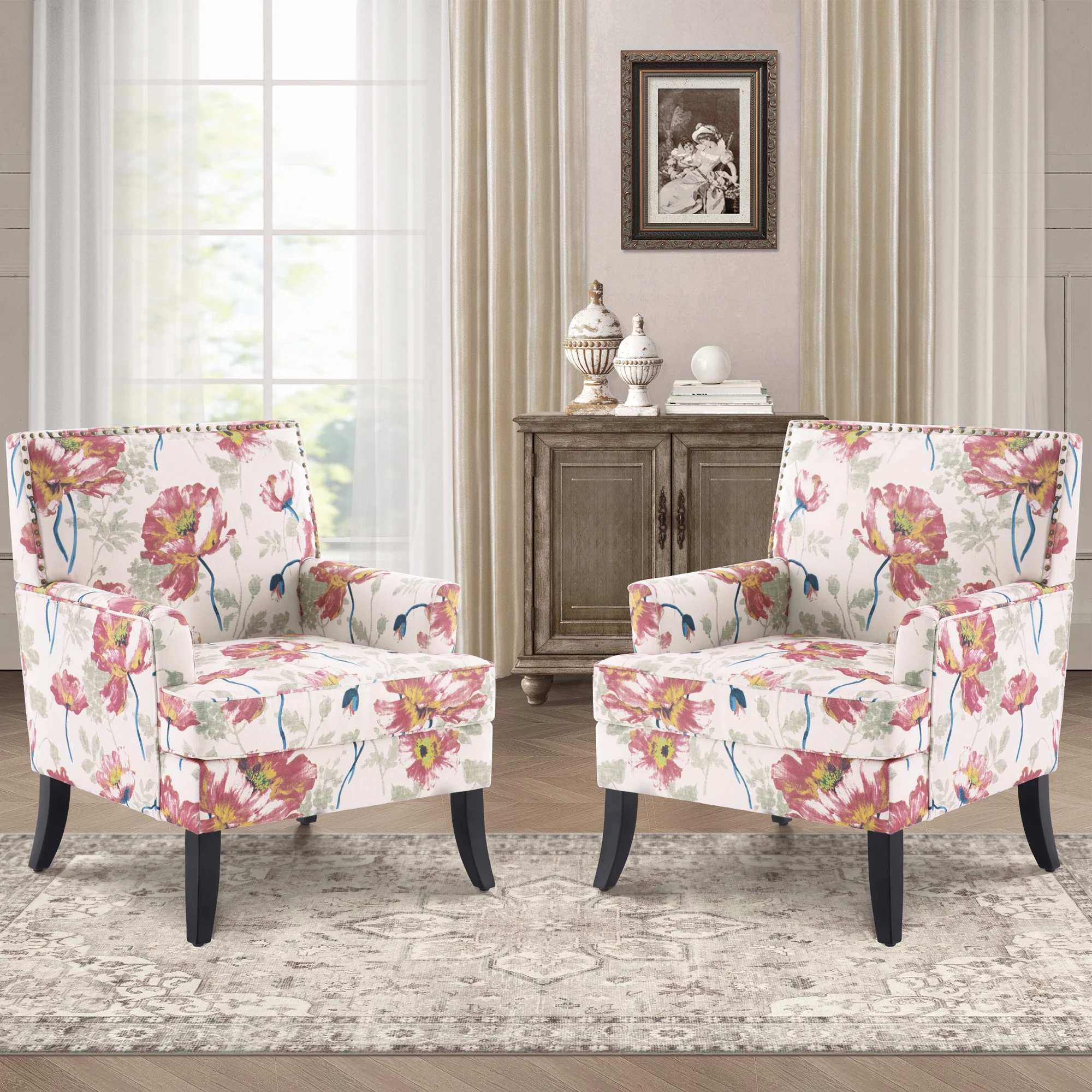 HUIMO Living Room Chair Set of 2, Upholstered Printed Accent Chair with Wooden Legs, Club Armchair with Rivets Holds 300 lbs