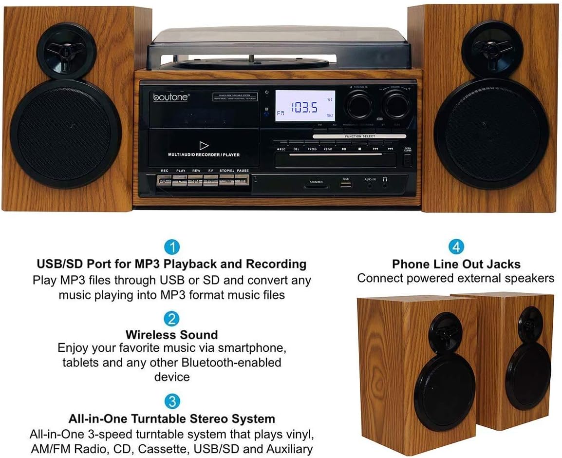 Boytone BT-28SPW, Bluetooth Classic Style Record Player Turntable with AM/FM Radio, CD/Cassette Player, 2 Separate Stereo Speakers, Record from Vinyl